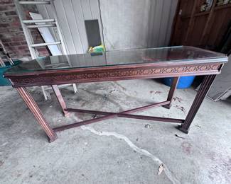Vintage sofa table. Parquet top with glass topper