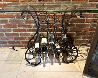 Black metal/glass top side table with wine-holder bottom