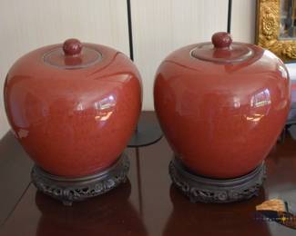Oxblood ginger jars with lids