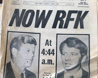 Vintage newspapers from important events in history: JFK + RFK assassinations, man walks on moon, Nixon's resignation
