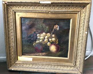 Damaged oil painting, still life, gilded frame