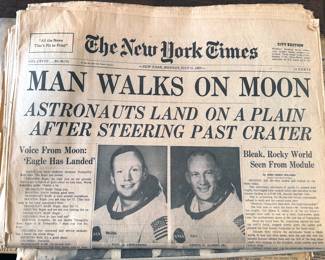 Vintage newspapers from important events in history: JFK + RFK assassinations, man walks on moon, Nixon's resignation

