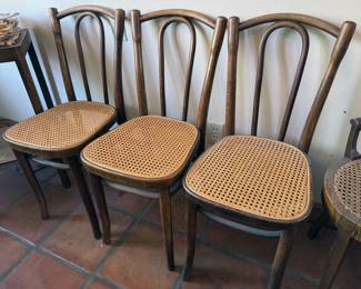 Assorted wicker + cane wood frame chairs, as is