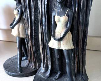 Assorted bookends from various periods and themes: religious figures, Americana, geodes, book-inspired, ceramic figurines, Degas ballet dancers, wildlife + more