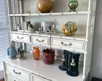 Henry Link faux bamboo Hollywood Regency Crest dresser (6 drawers)  with hutch (3 small drawers + 2 shelves), plus 2 chairs and side table/nightstand