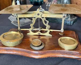Various antique scales + weights