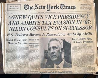 Vintage newspapers from important events in history: JFK + RFK assassinations, man walks on moon, Nixon's resignation
