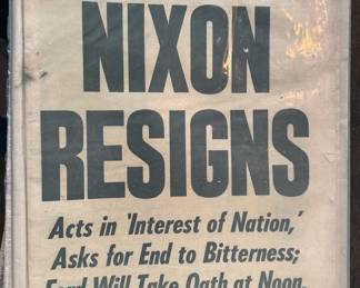 Vintage newspapers from important events in history: JFK + RFK assassinations, man walks on moon, Nixon's resignation
