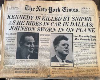Vintage newspapers from important events in history: JFK + RFK assassinations, man walks on moon, Nixon's resignation
