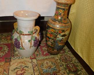 FRENCH MAJOLICA GRAPE URN AND A VINTAGE SATSUMA JAPANESE FLOOR VASE