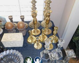Antique And Contemporary Brass And Glass Candle Holders, Orrefores and Baccarat Paperweights