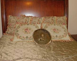 SCALAMANDRE CUSTOM MADE BED ENSEMBLE WITH 6 ANTIQUE FRENCH  TAPESTRY PILLOWS AND ROUND CUSTOM PILLOW