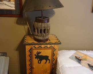 Lodge side cabinet/table with wagon hug lamp