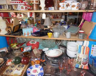 glass, decor, OSU items, pink depression glass