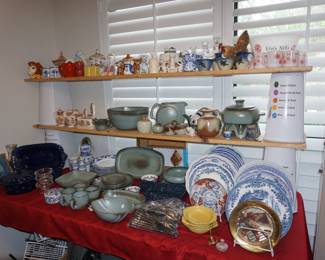 salt and pepper shakers, Frankoma, Spode plates, teapots, Egg Nog set, Chickens, 