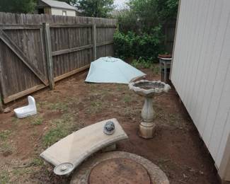 bird bath, bench
