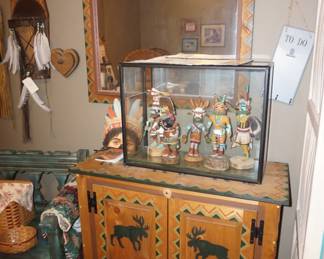 Kachina dolls, case, lodge cabinet