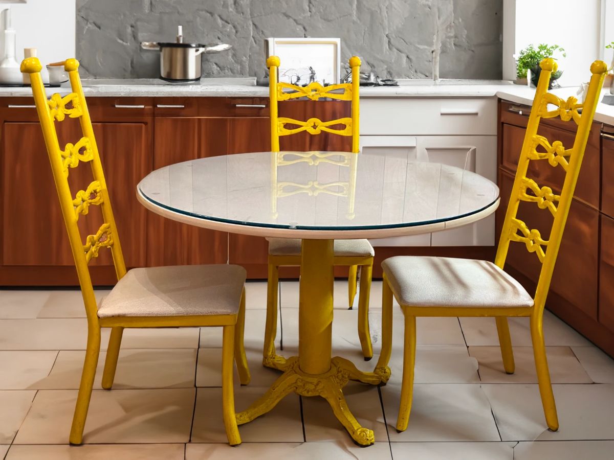 Hollywood Regency Dorothy Draper Dining Set.  Well-made, bright yellow color dining set in the tradition of Dorothy Draper.  Four stylish dining chairs and matching table. Table is approximately 42" diameter. Original upholstery and in very good condition.