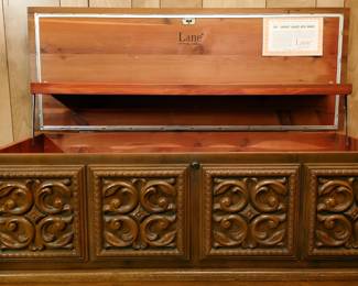 Lane Cedar Love Chest.  Solid wood "Hope Chest" with custom top cushion; Some damage on the front lower leg/board.