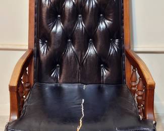 Riverly House Vintage Wooden Black Leather Library Chair - Solid, comfortable wood chair; wear and tear on the seat cushion.