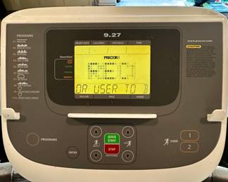 Precor 9.27 Treadmill in Excellent Condition. The 9.27 Treadmill has 10 programs, 2 User IDs, touch and telemetry heart rate with Smart Rate�, speed to 12 mph (19.3 kph), incline to 15% and multi-zone 
﻿shock absorption.