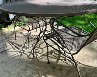 48" Round Woodard Wrought Iron with Mesh Table Top and 2 Matching Woodard Chairs