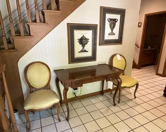 Beautiful; Entryway Vintage Baker Desk flanked by 2 Baker Salon Chairs and Unique Art Pieces