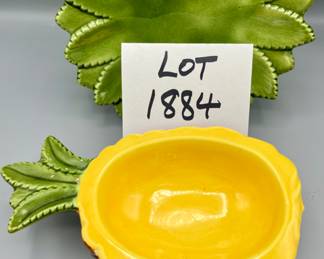 Pineapple time! 3 pc lot, Ceramic pineapple bowl (9"l x 5"w x 2.25"t), green ceramic pineapple leaf plate (8" dia), & pewter pineapple small candle holder (3.5"x 3")