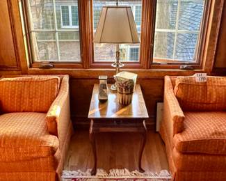 These Mid-Century Upholstered Chairs in the Library are very comfortable.  The Side Table is by Hickory Chair (James River Plantation Collection)