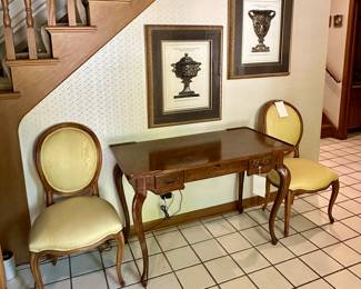 Beautiful; Entryway Vintage Baker Desk flanked by 2 Baker Salon Chairs and Unique Art Pieces