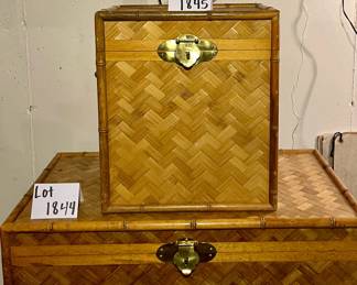 "Smaller vintage Rattan, Bamboo, Wood Chest, this is the smaller of the two, could easily hold LPs. Excellent condition, brass accents, and hinges. 	16" W x 11.5" D x 18.5"H