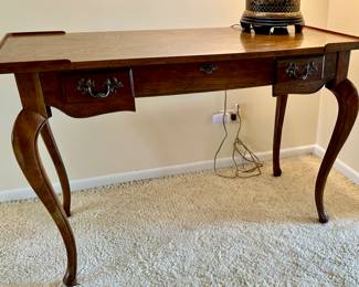 Vintage Baker Desk in Great Condition with 3 Drawers Beautiful; Entryway Vintage Baker Desk flanked by 2 Baker Salon Chairs and Unique Art Pieces