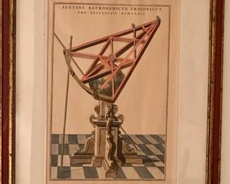 This Antique Engraving of Astronomical Instruments first appeared in Tycho Brahe, Astronomiae Instauratae Mechanica (1598). This is a large steel quadrant on an azimuthal base.    20"w x 25.5"t