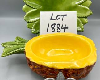 Pineapple time! 3 pc lot, Ceramic pineapple bowl (9"l x 5"w x 2.25"t), green ceramic pineapple leaf plate (8" dia), & pewter pineapple small candle holder (3.5"x 3")