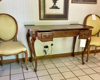Beautiful; Entryway Vintage Baker Desk flanked by 2 Baker Salon Chairs and Unique Art Pieces
