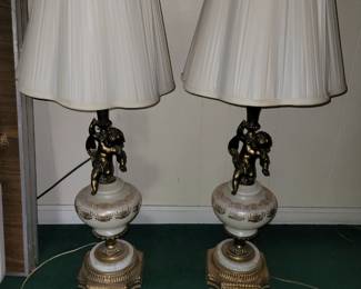 Pair of Neo Classical Bronze Cherub Angel Lamps