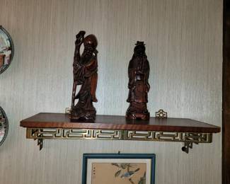 Vintage Chinoiserie Asian Chinese style brass wood wall mount shelf 