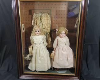 Antique rare German Bisque dolls and shadowbox - dolls in near-perfect condition!