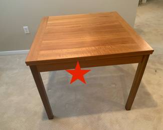 Red Star Pre-Sale Item - Mid Century Modern Teak expandable table - made in Denmark - Dimensions  " W 35.5" D  and 35.5" L 30" H 