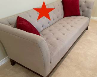 Red Star Pre-Sale Item - GORGEOUS Designer tufted "Greige" color sofa 86"W 31"D 13"H seat - $845 plus tax