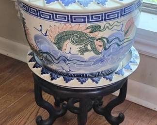 Large Asian Ceramic Planter with Stand

