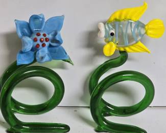 Pair of Blown Glass Flower & Fish Napkin Rings
