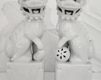 Pair of White Porcelain Food Dog Asian Sculptures
