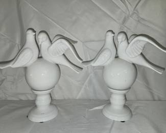Pair of Twos Company White Ceramic Dove on Sphere
