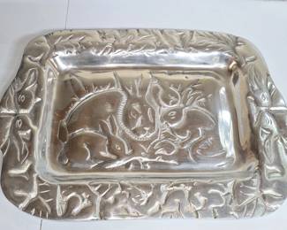 Heavy Large Pewter Serving Tray with Bunnies

