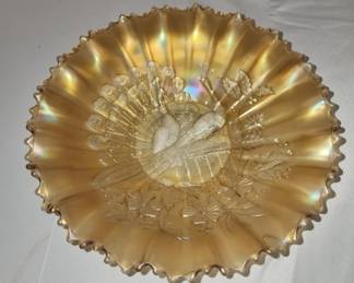 Vintage Marigold carnival glass ruffled dish
