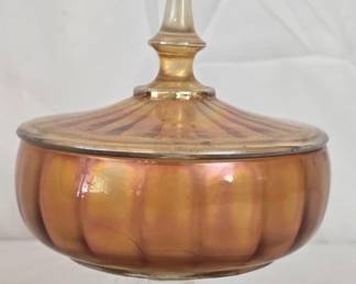 Orange Carnival Glass Candy Dish with Lid
