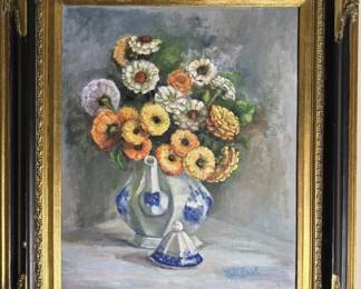 Framed oil on canvas pitcher flowers Nell Buck
