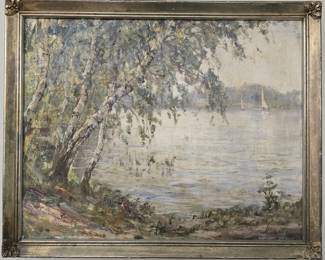 Antique Original oil on canvas painting of a lake
