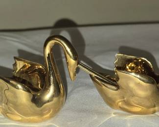Limoges France Gold Swan Salt Bowls w Spoons
